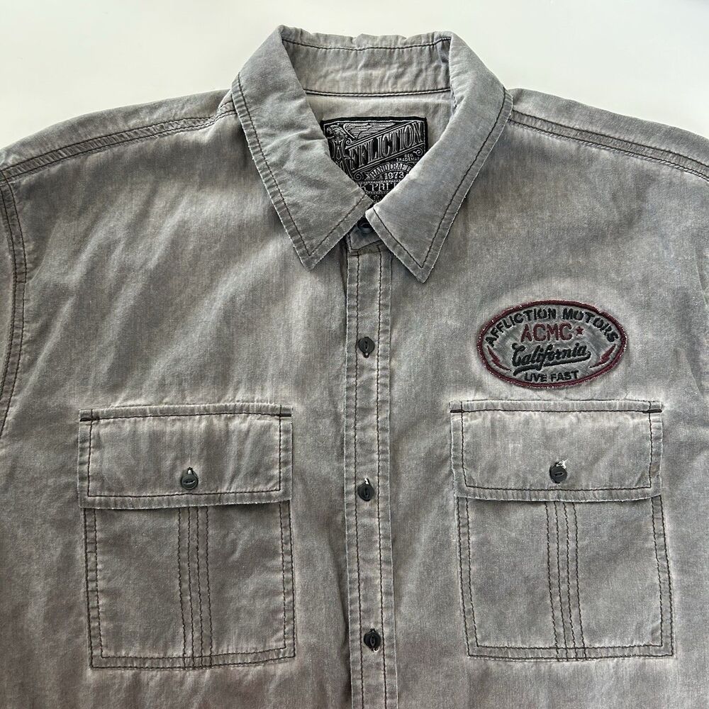 Affliction Black Premium Men XL Speed Shop Skull Button Up Shirt Gray Biker Y2K - Picture 1 of 11